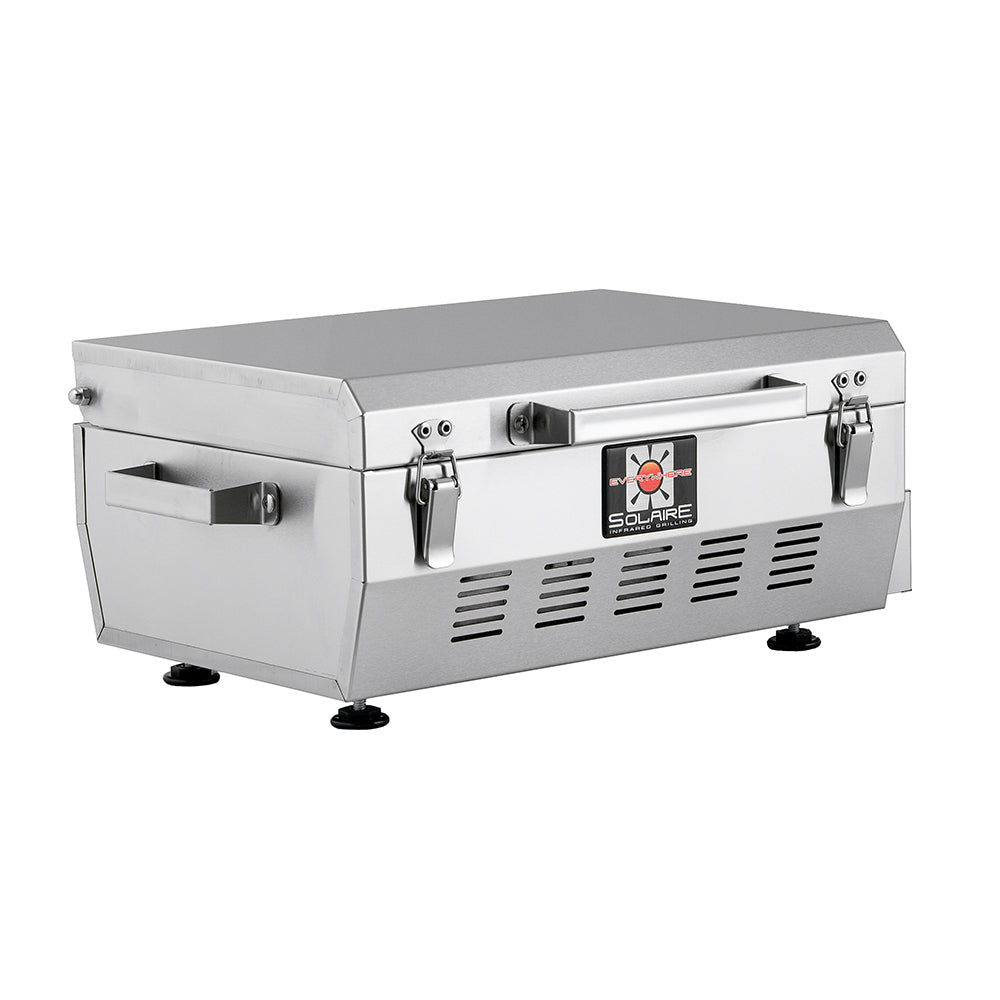 Stainless steel portable infrared grill with front control panel and side latching handles
