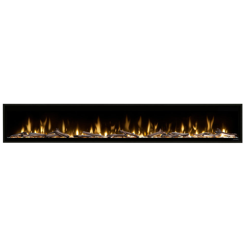 Built-in linear electric fireplace with realistic flame effect and black frame