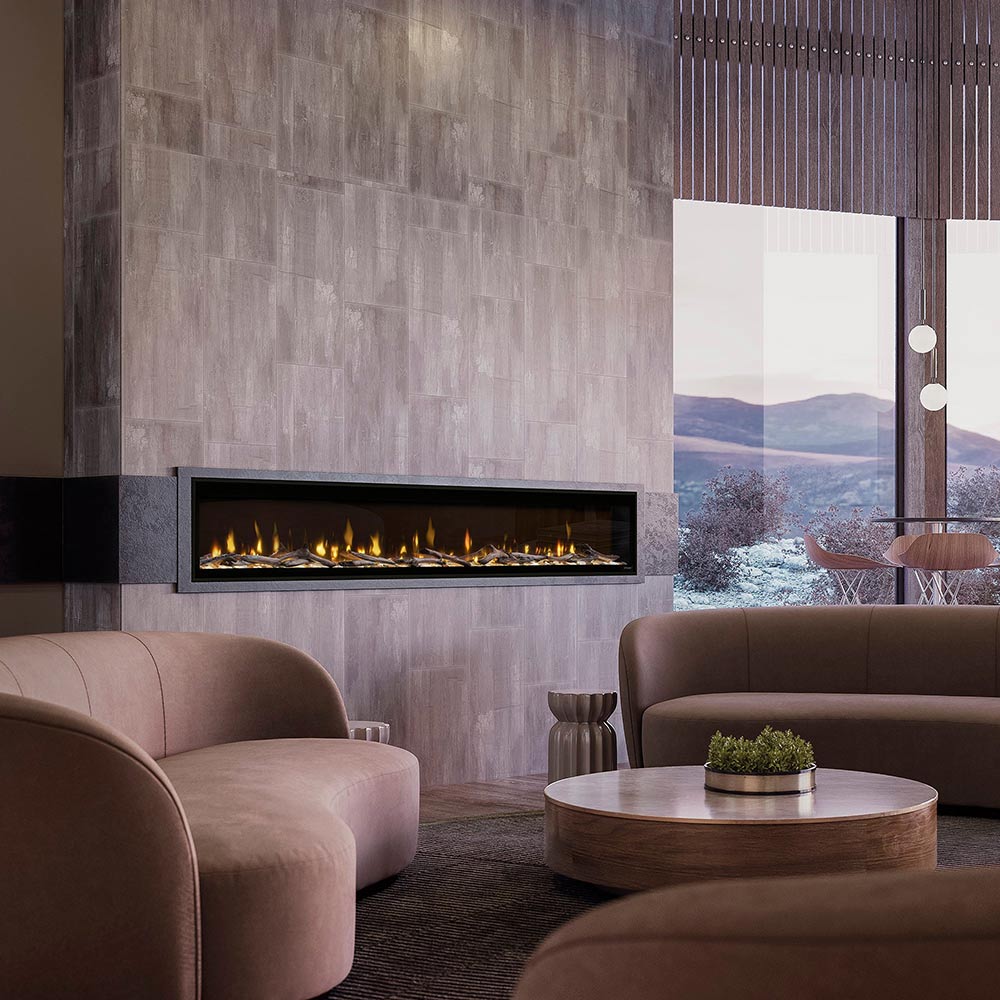 Built-in linear electric fireplace with ember bed and orange flame glow, black surround