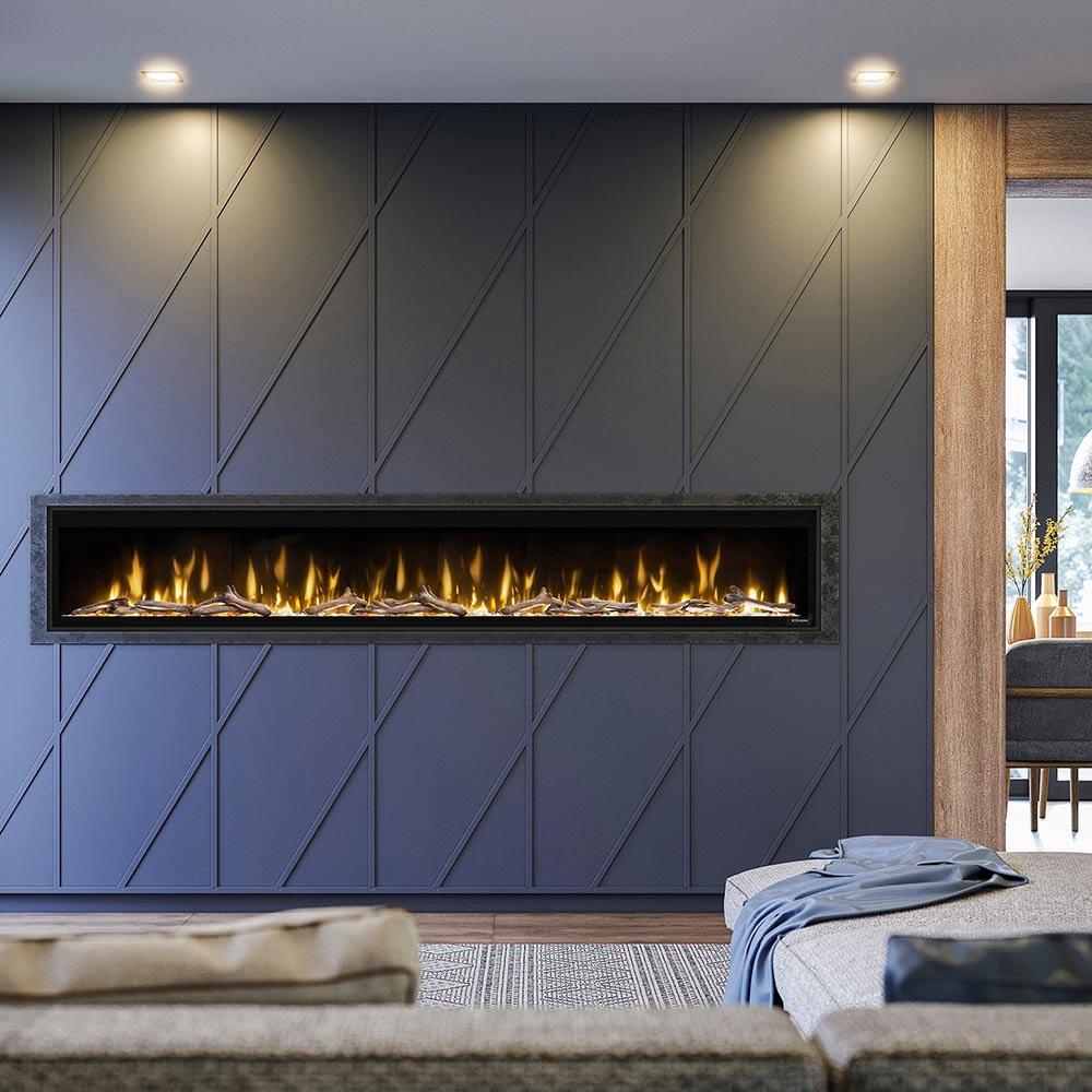 Built-in linear electric fireplace with LED flame effect and log bed, black frame