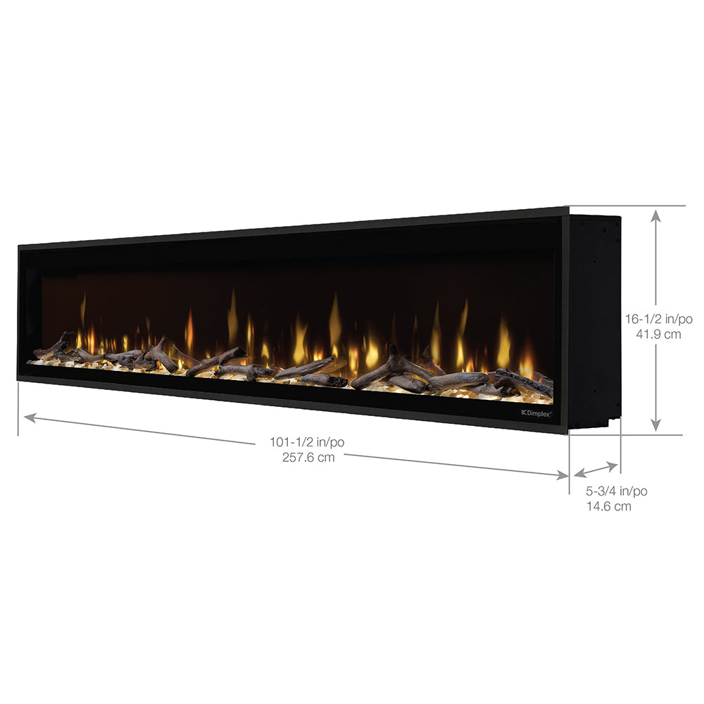 Linear electric fireplace dimensions diagram with flame window and measurement lines