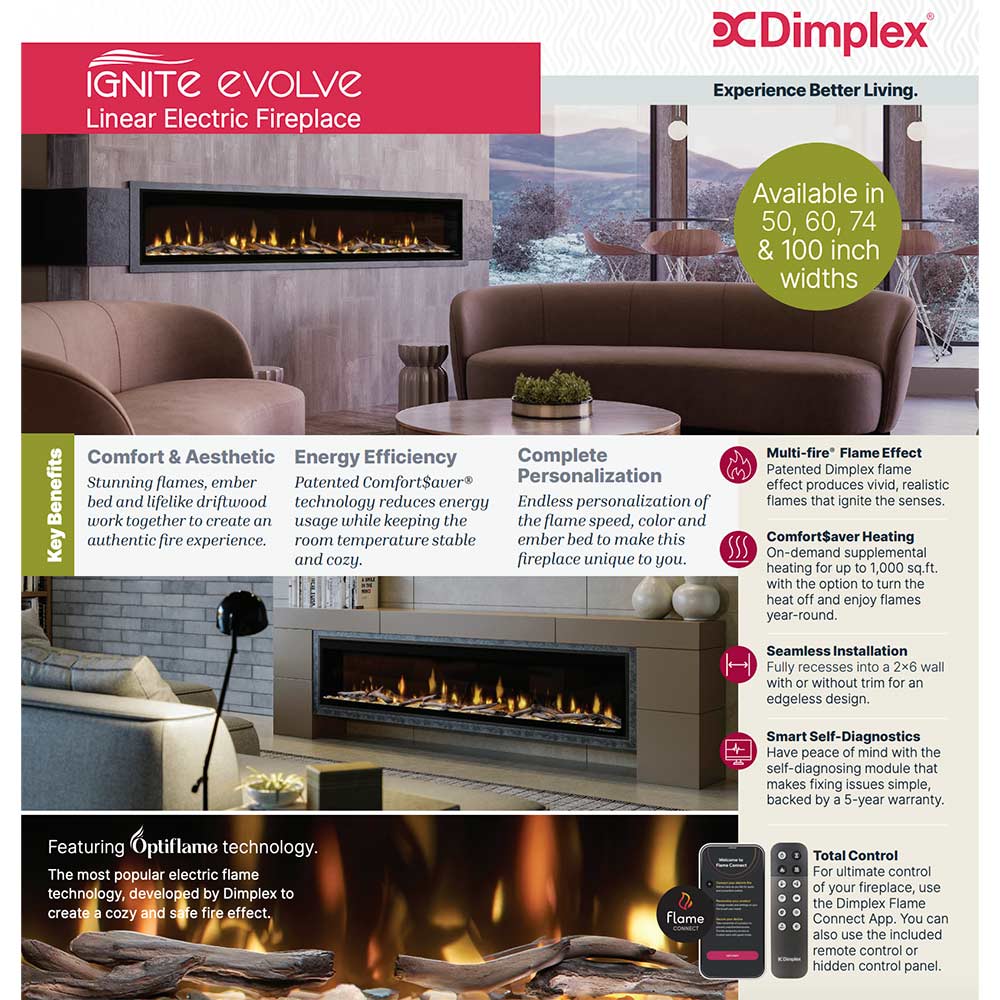 Ignite Evolve linear electric fireplace brochure with features and remote