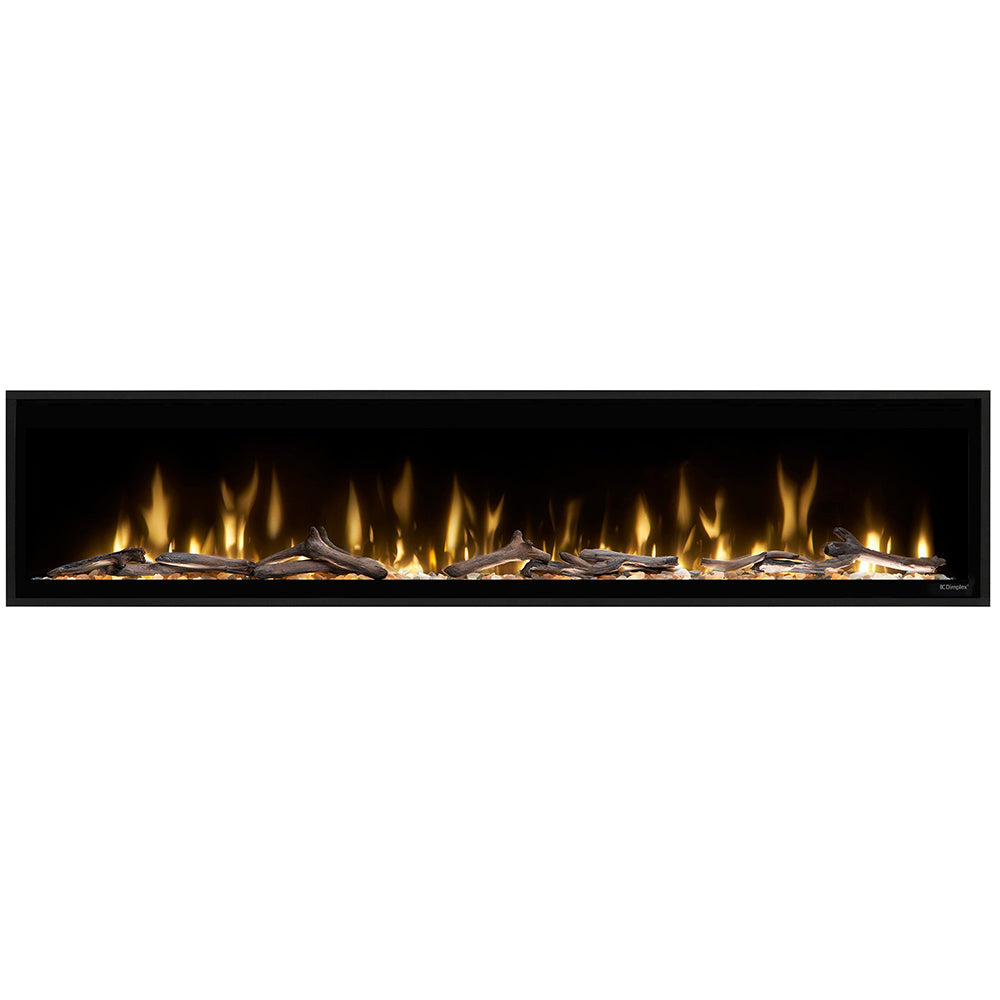 Built-in linear electric fireplace with black frame and glowing flame bed