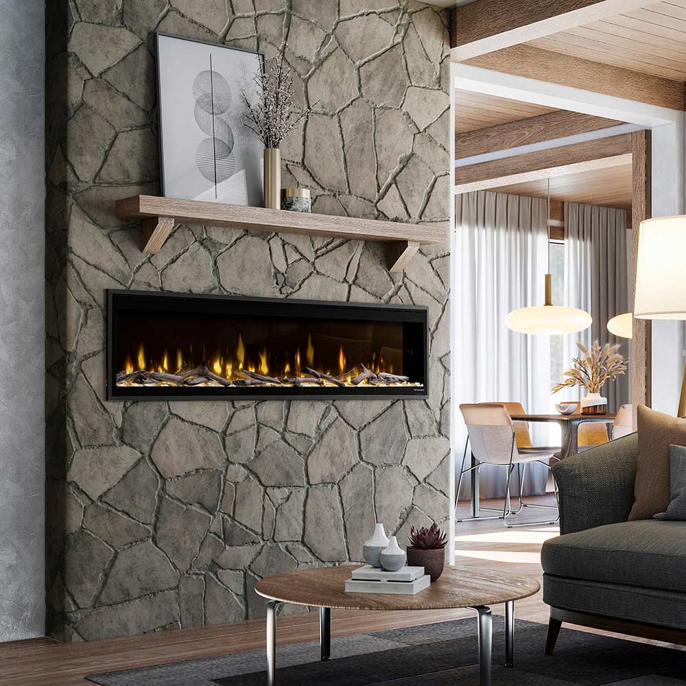 Built-in linear electric fireplace insert in stone surround, black trim
