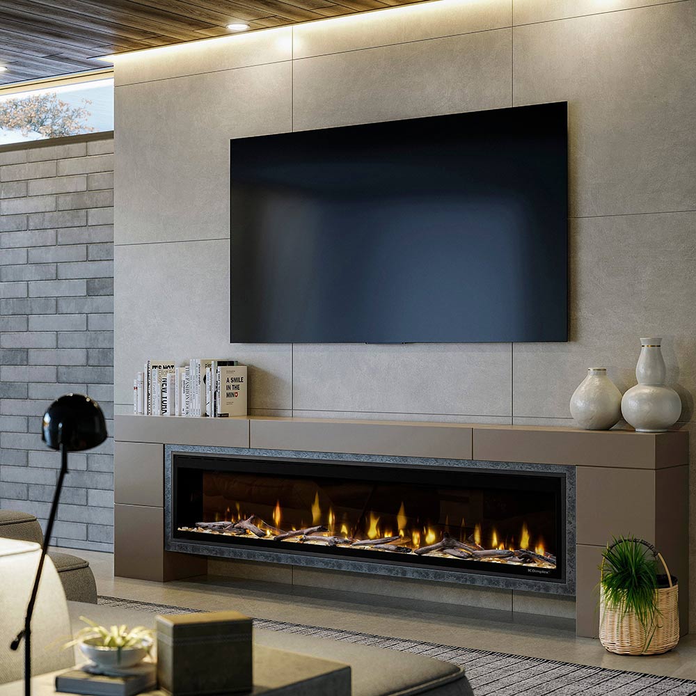 Built-in linear electric fireplace with black frame and glowing flame bed