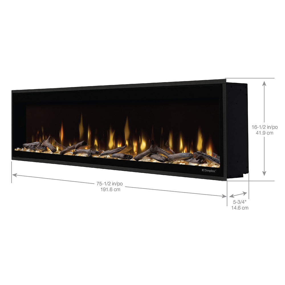 Black linear electric fireplace with flame view and dimension diagram