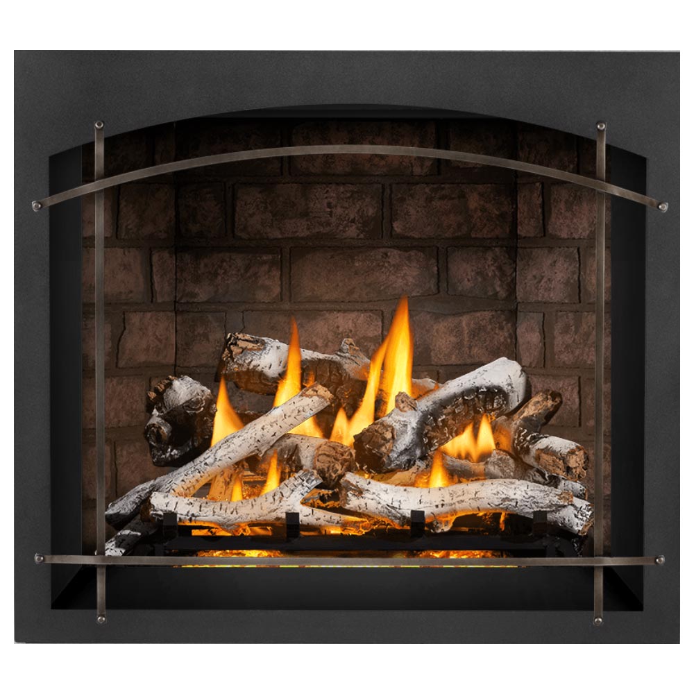 Direct vent gas fireplace with gray arched frame and glowing log set