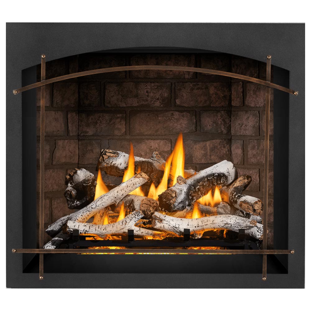 Direct vent gas fireplace with burning logs and dark stone backer behind black glass frame