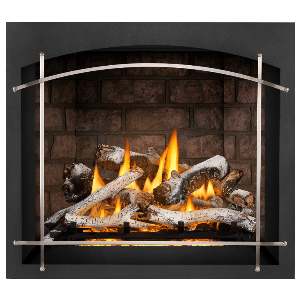 Direct vent gas fireplace with white arched frame and glowing log set