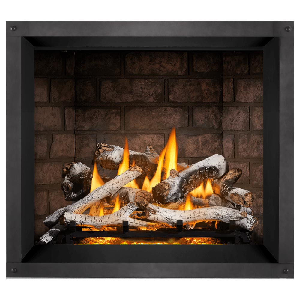 Black direct-vent gas fireplace insert with flames and log set behind the front panel
