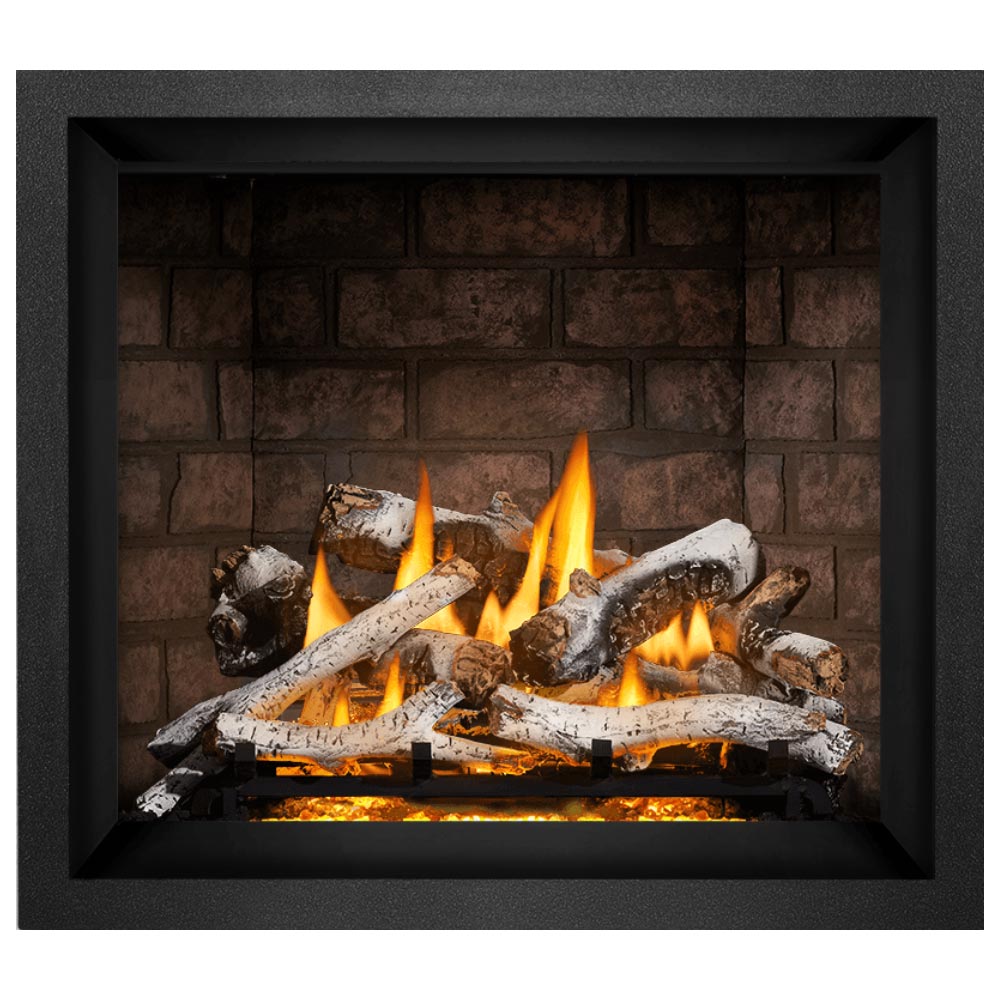 Direct vent gas fireplace with dark surround and glowing flames over log set