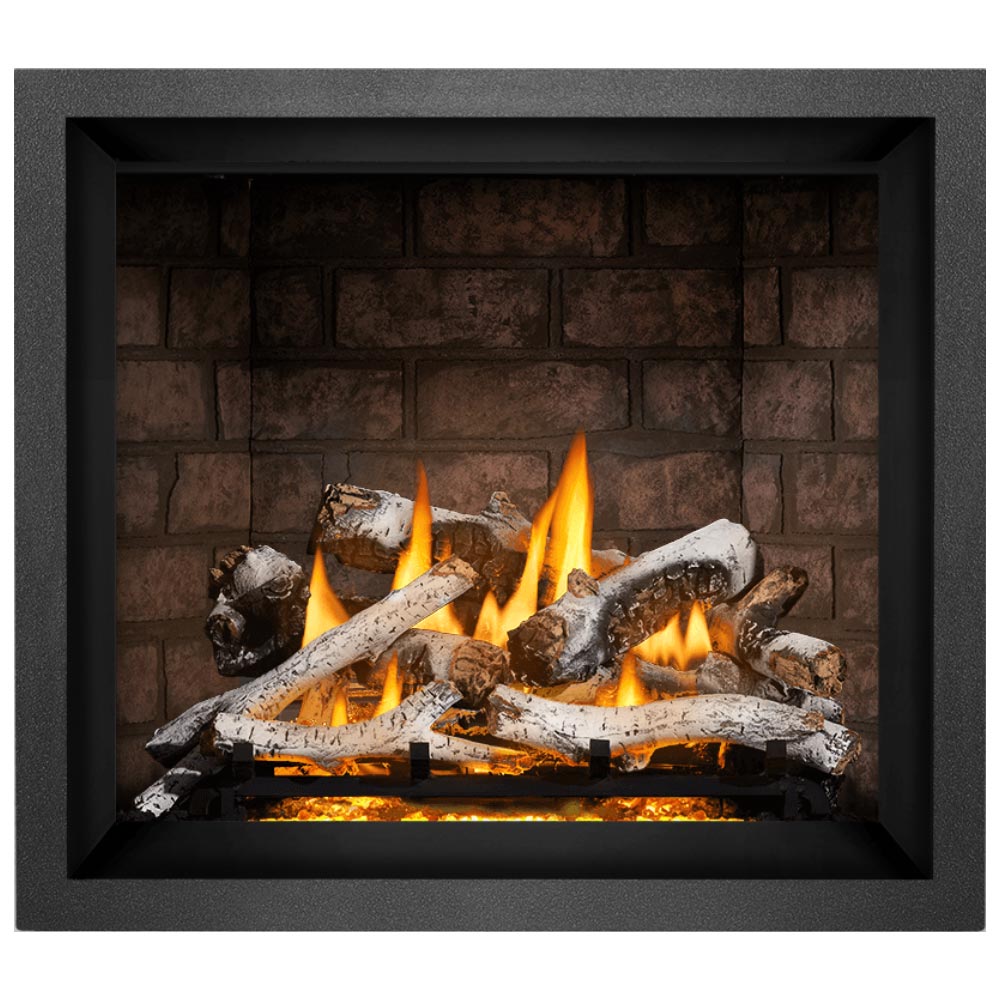 Black direct vent gas fireplace with burning log set and orange flames in brick-style firebox