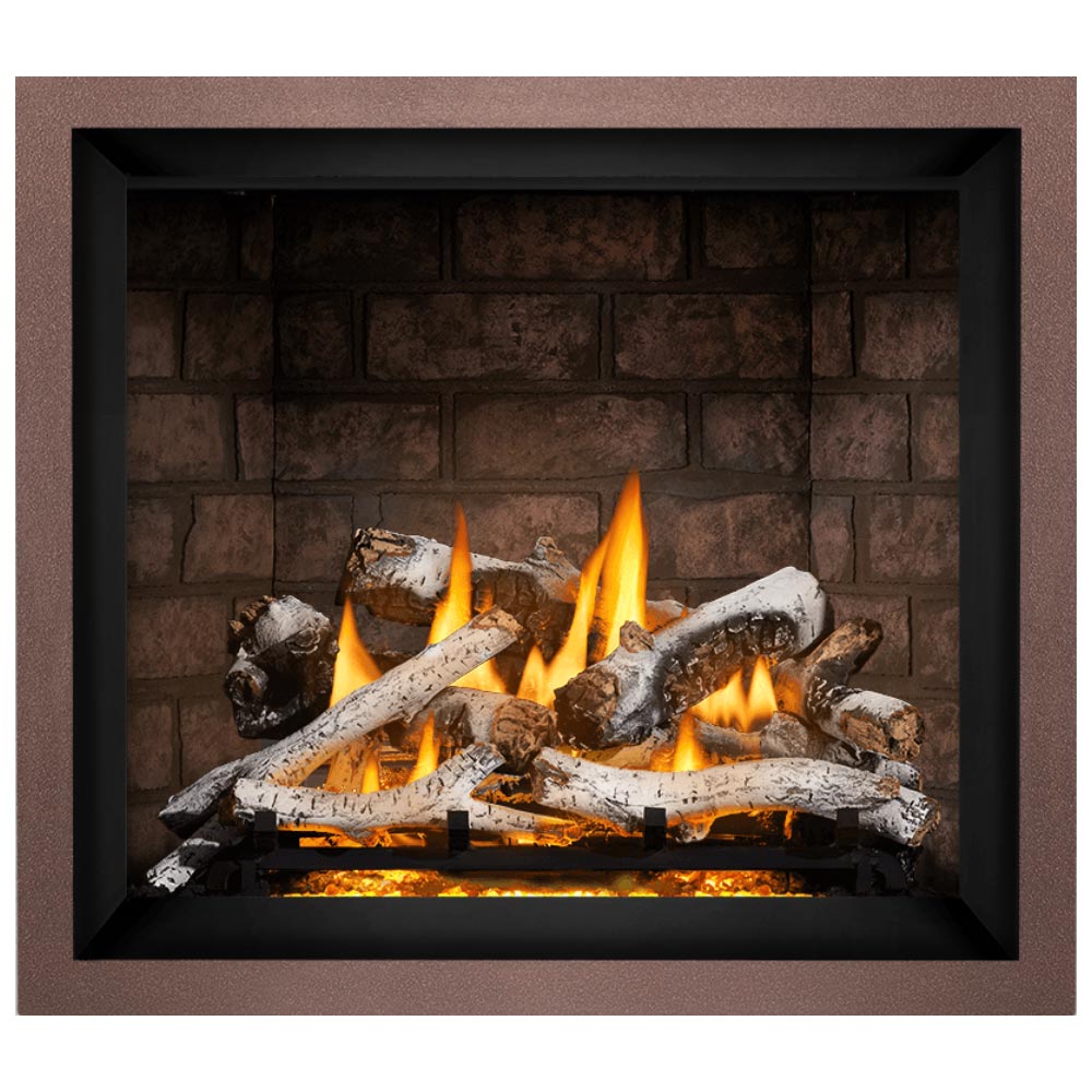 Gas fireplace insert with glowing logs and orange flames against a brick back panel