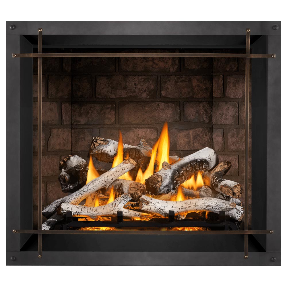 Direct vent gas fireplace with burning logs and black frame with metal safety bars