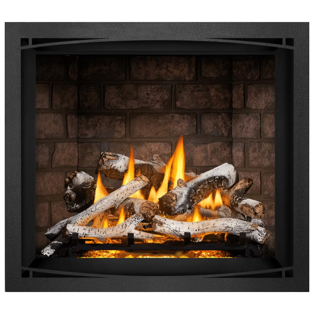 42-inch direct vent gas fireplace with burning logs and white ash in black frame