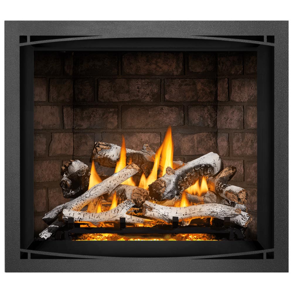 Direct vent gas fireplace with split logs, white accents, and orange flames in the firebox