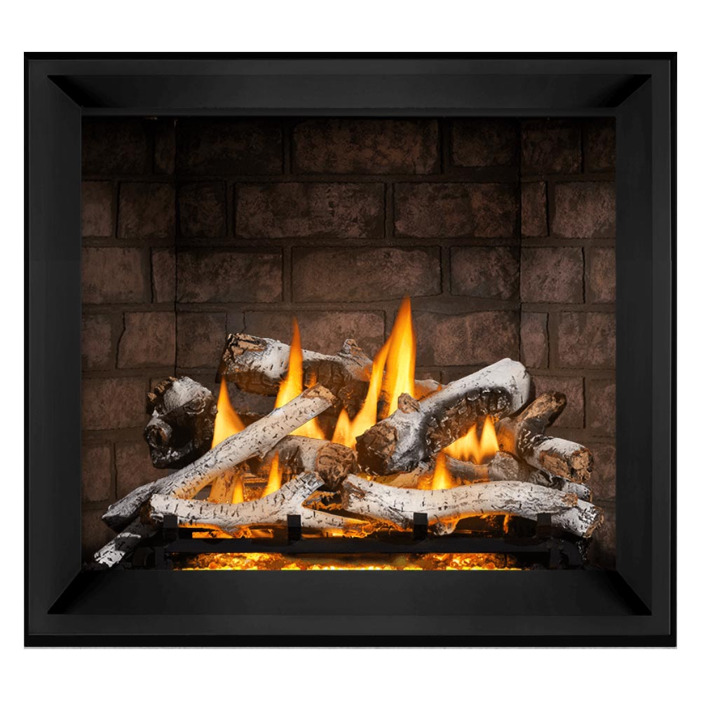 Napoleon direct vent gas fireplace with black surround and visible burning logs