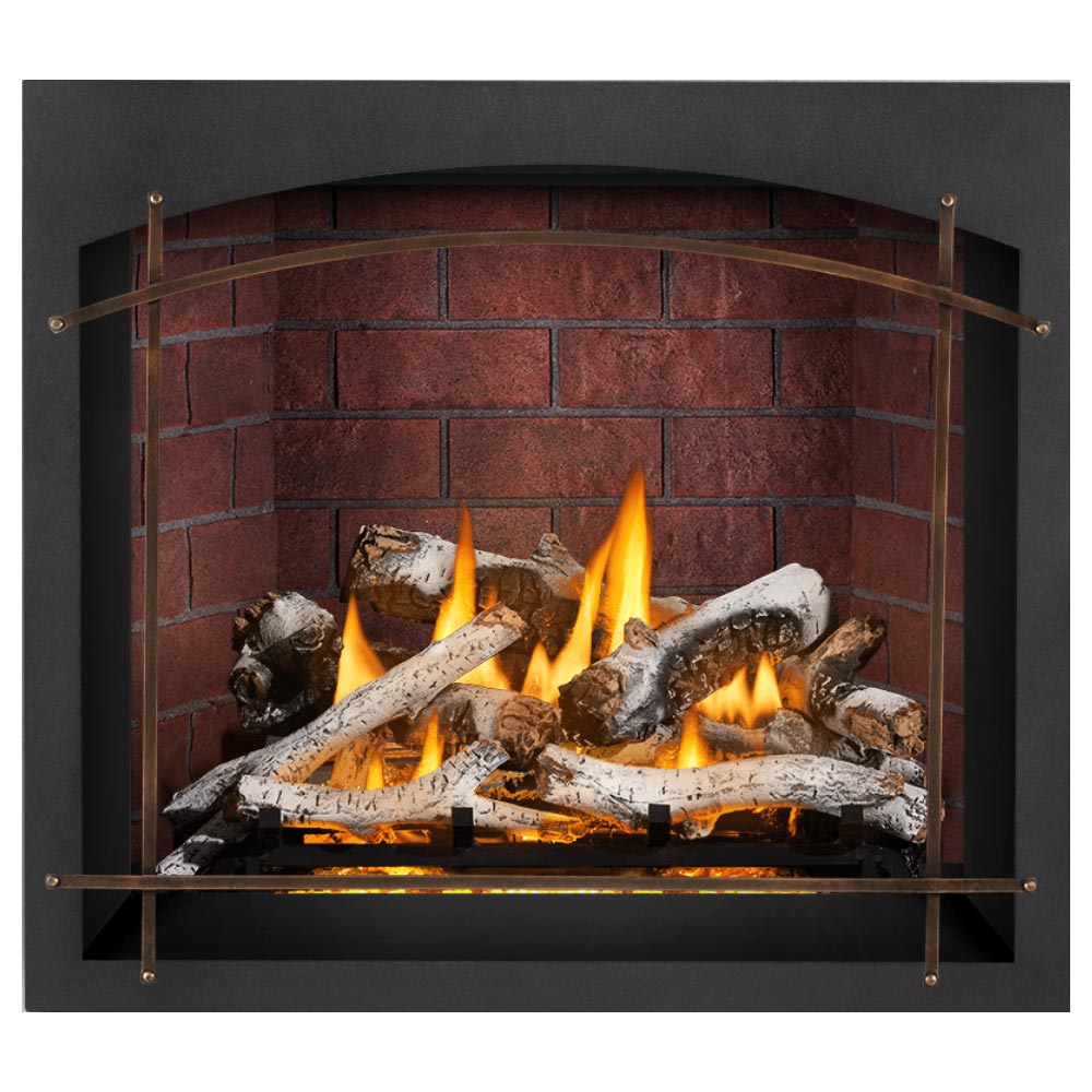 Direct vent gas fireplace showing burning logs, glowing embers, and red brick-style firebox surround