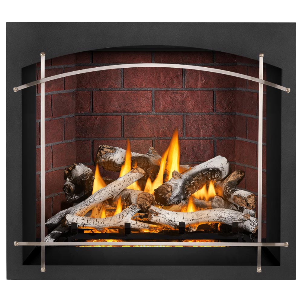 Direct vent gas fireplace with burning logs and flames, red brick-style firebox surround