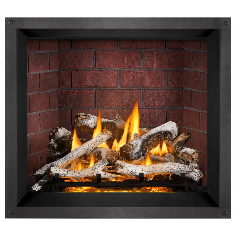 Black direct-vent gas fireplace insert with flames and log set against a red brick wall