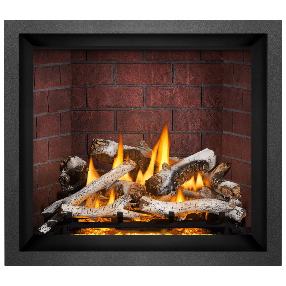 Black direct vent gas fireplace with burning logs and orange flames in brick-style firebox