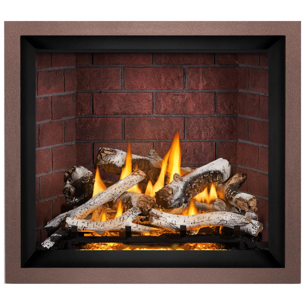 Direct vent gas fireplace with burning flames and logs in a red brick firebox