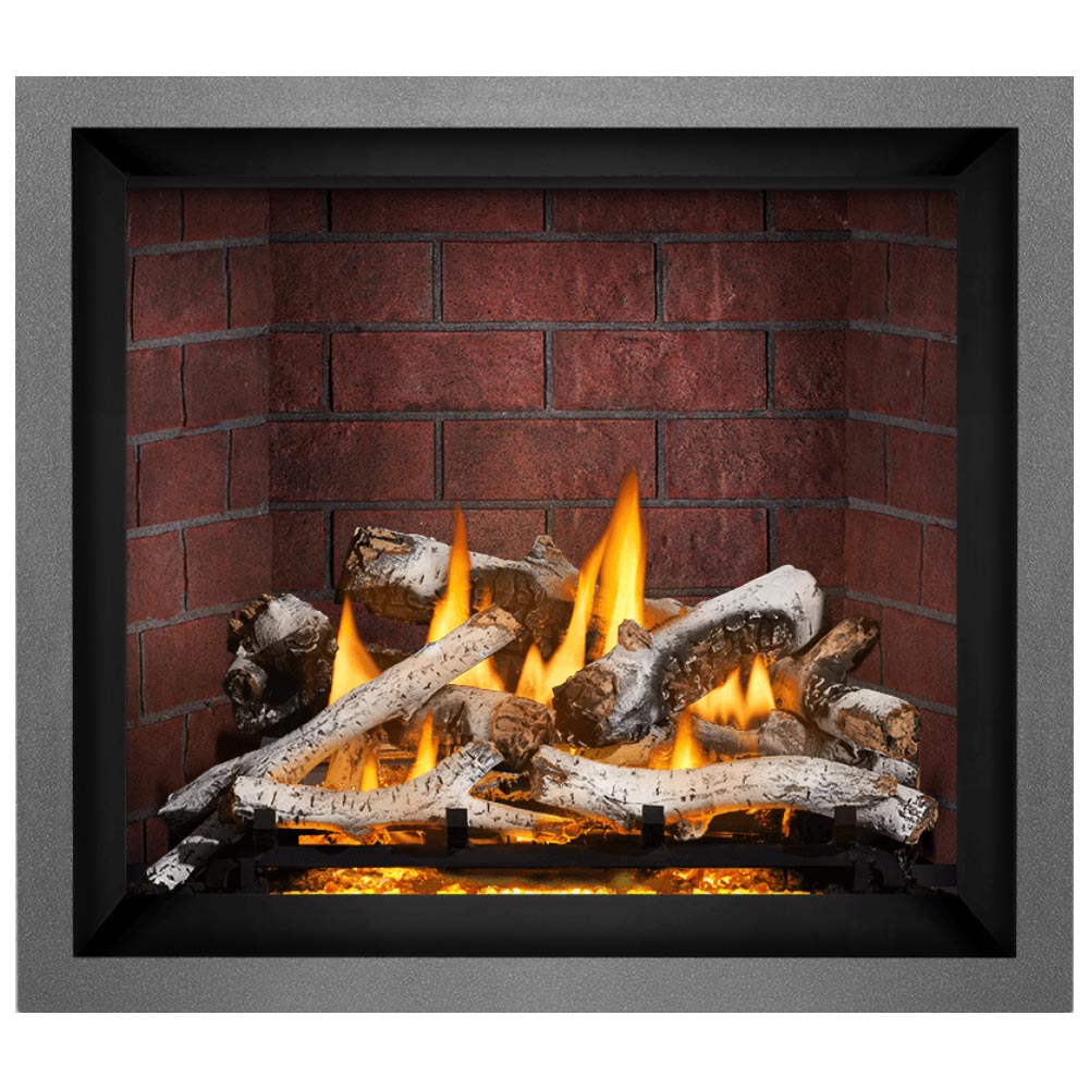Direct vent gas fireplace with black frame, burning logs with flames on red brick back panel