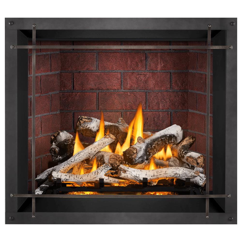 Direct vent gas fireplace with black metal surround, brick backing, and burning logs