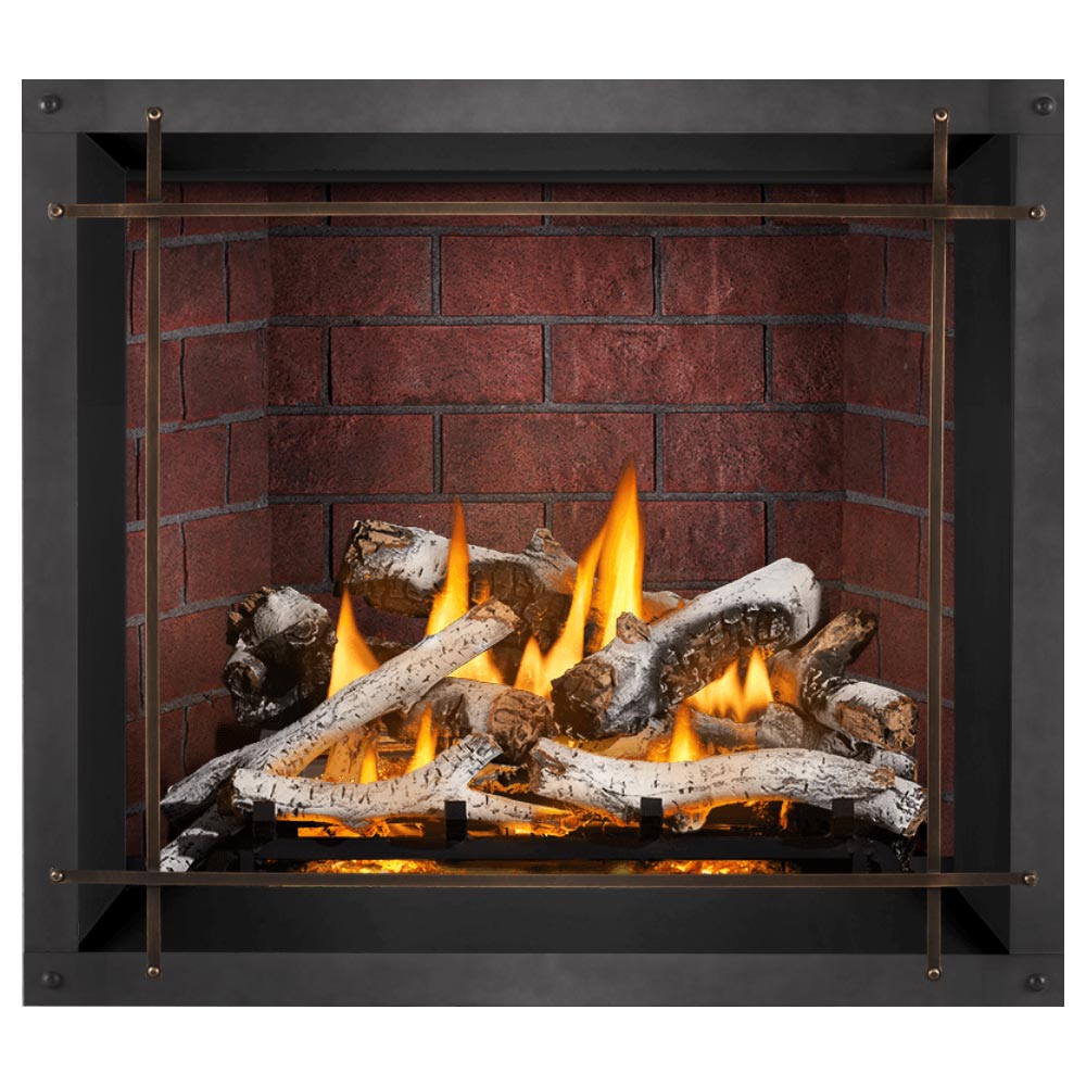 Direct vent gas fireplace firebox with burning logs, dark surround, and metal frame bars
