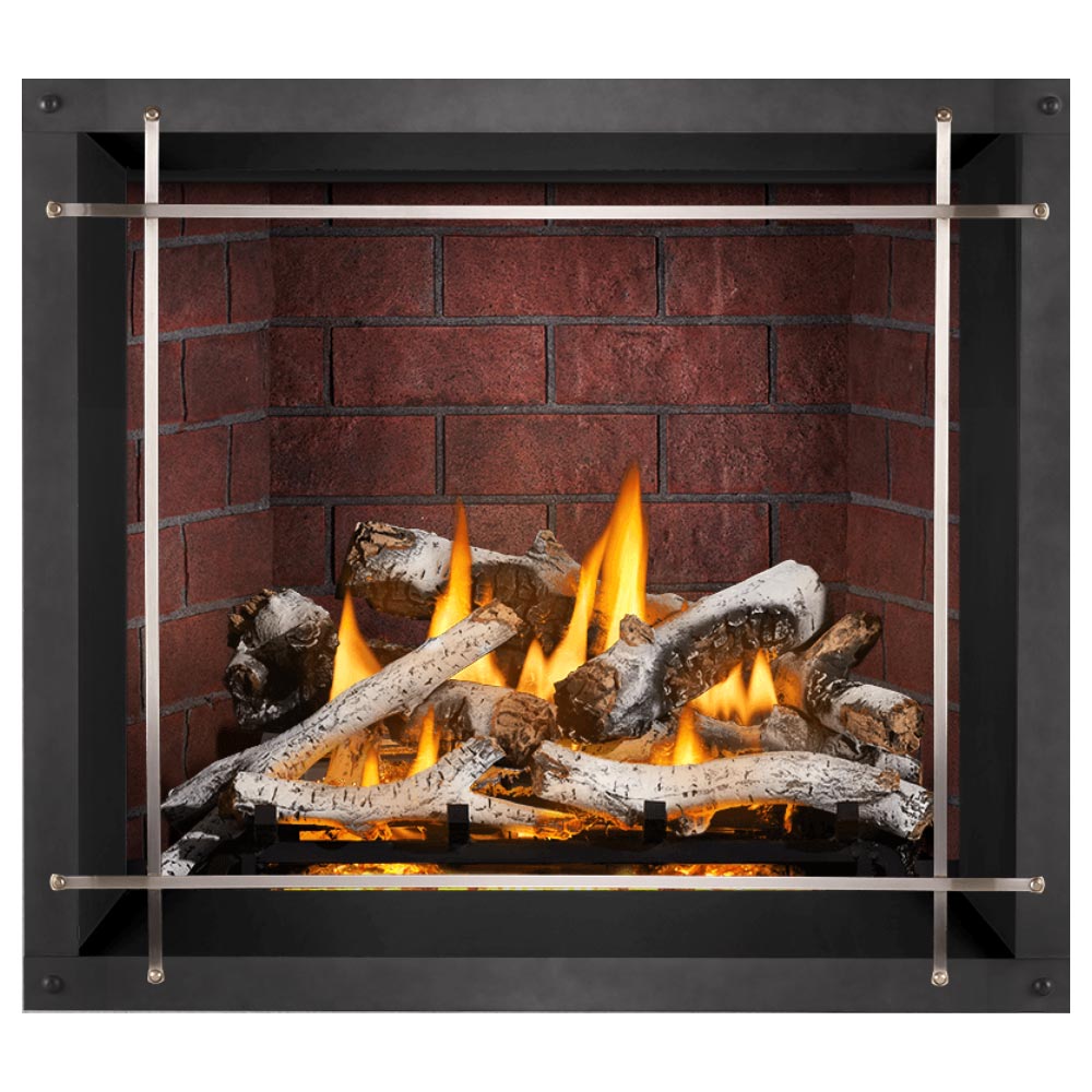 Direct vent gas fireplace with black surround, red brick back, burning logs behind glass