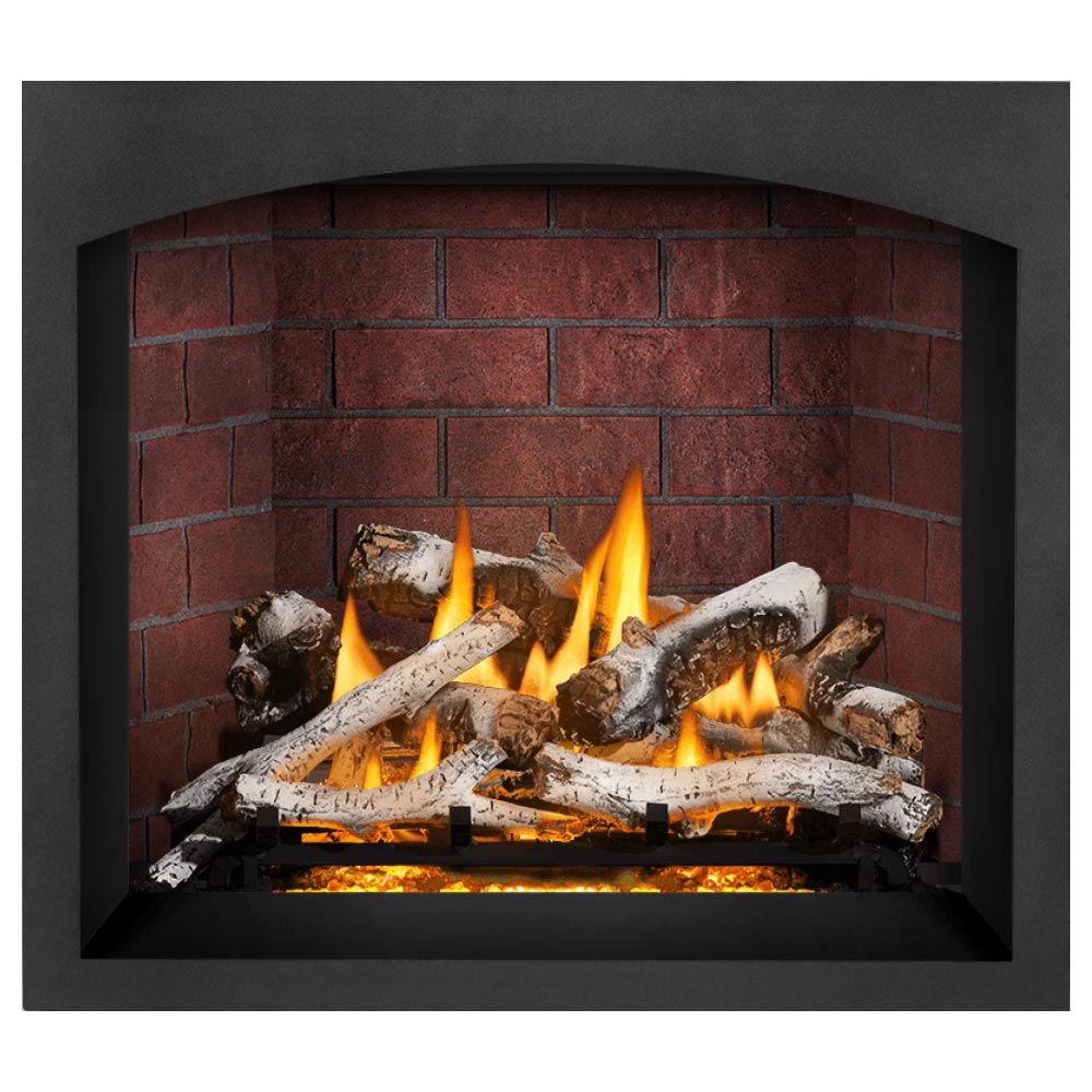Black gas fireplace with burning log set, white log pieces, and embers in red brick
