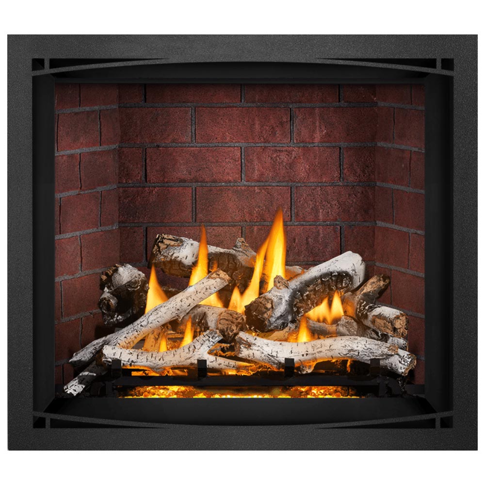 42-inch direct vent gas fireplace with burning logs in a black frame on brick backdrop