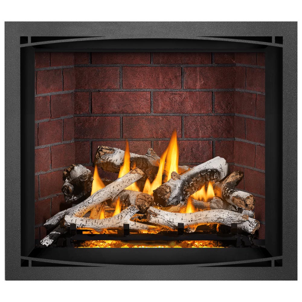 Direct vent gas fireplace with burning wood logs and flames over ember bed inside frame