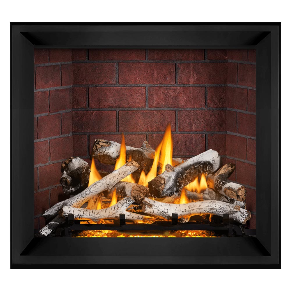 Direct vent gas fireplace with black surround and burning logs against red brick backing