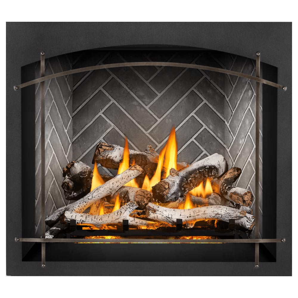 Direct vent gas fireplace with burning logs and gray stone backer behind black metal screen
