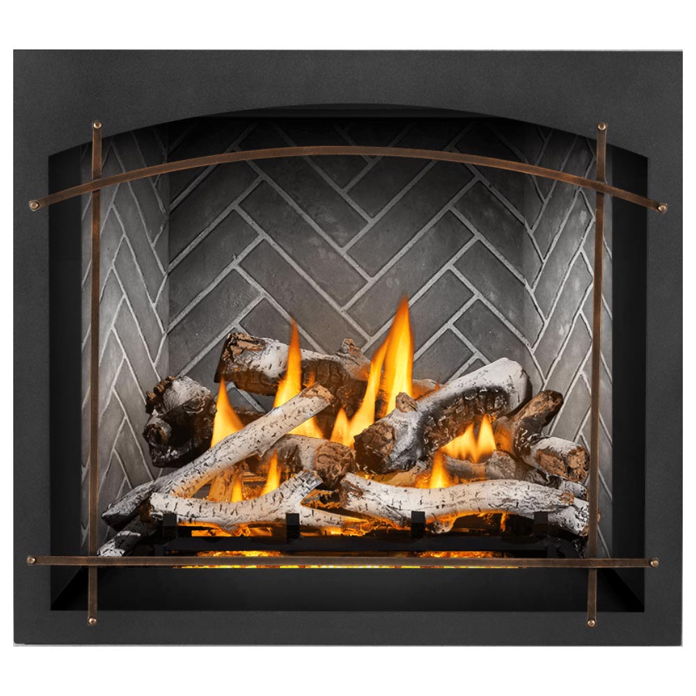 42-inch direct vent gas fireplace with burning logs and gray stone back panel