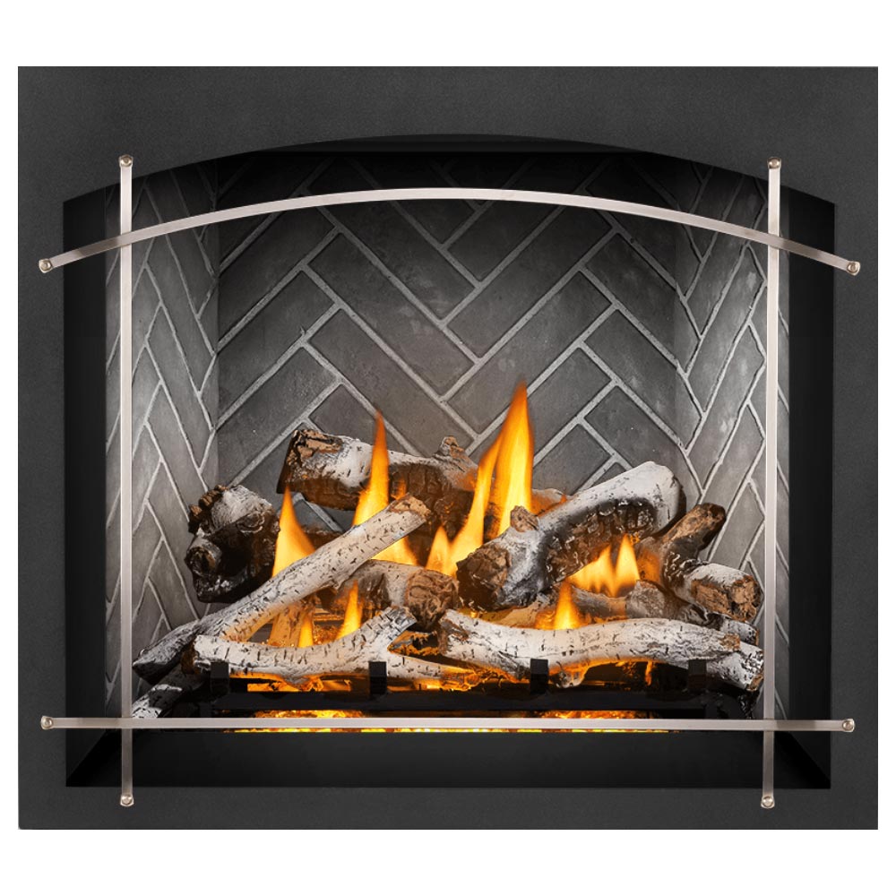 Direct vent gas fireplace with burning logs and gray stone backer behind black glass frame