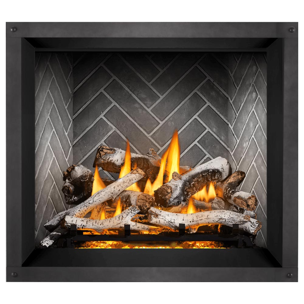 Black direct-vent gas fireplace insert with flames and logs against a gray stone tile wall
