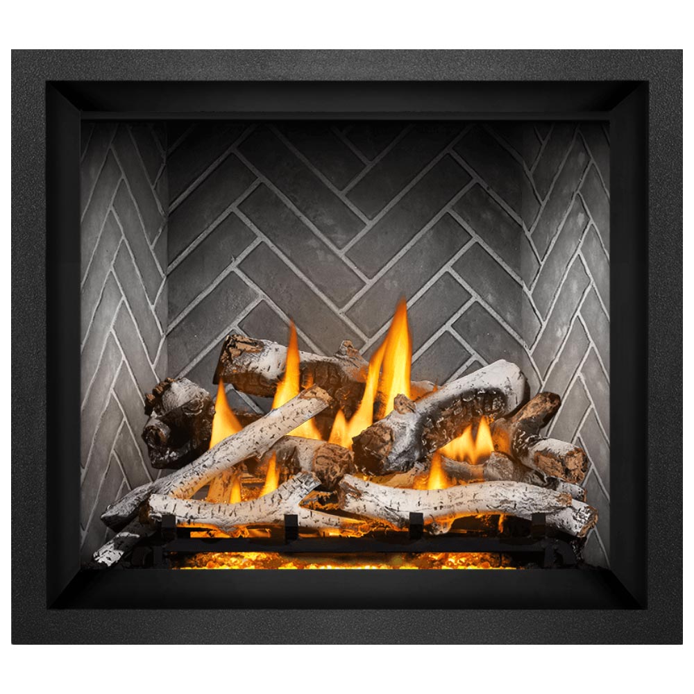 36-inch direct vent gas fireplace with burning logs, white ash, and orange flames