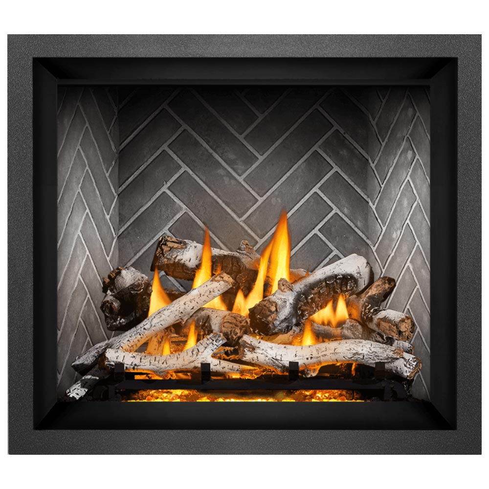 Black direct vent gas fireplace with burning logs and orange flames in gray tile-style firebox