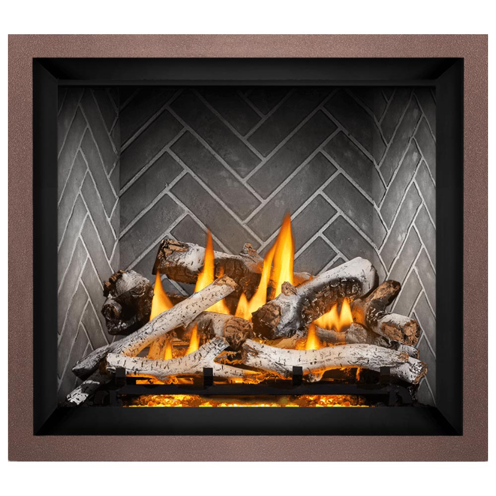 Gas fireplace insert with black frame, gray stone back, burning logs with flames