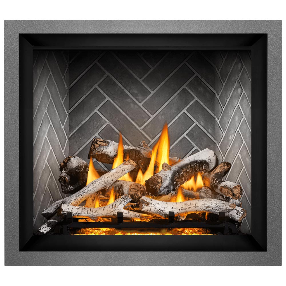 Direct vent gas fireplace with black frame, burning logs and flames on gray stone tile back