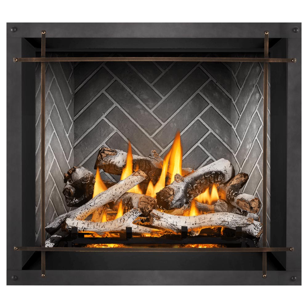 42-inch direct vent gas fireplace with burning logs and stone-lined interior