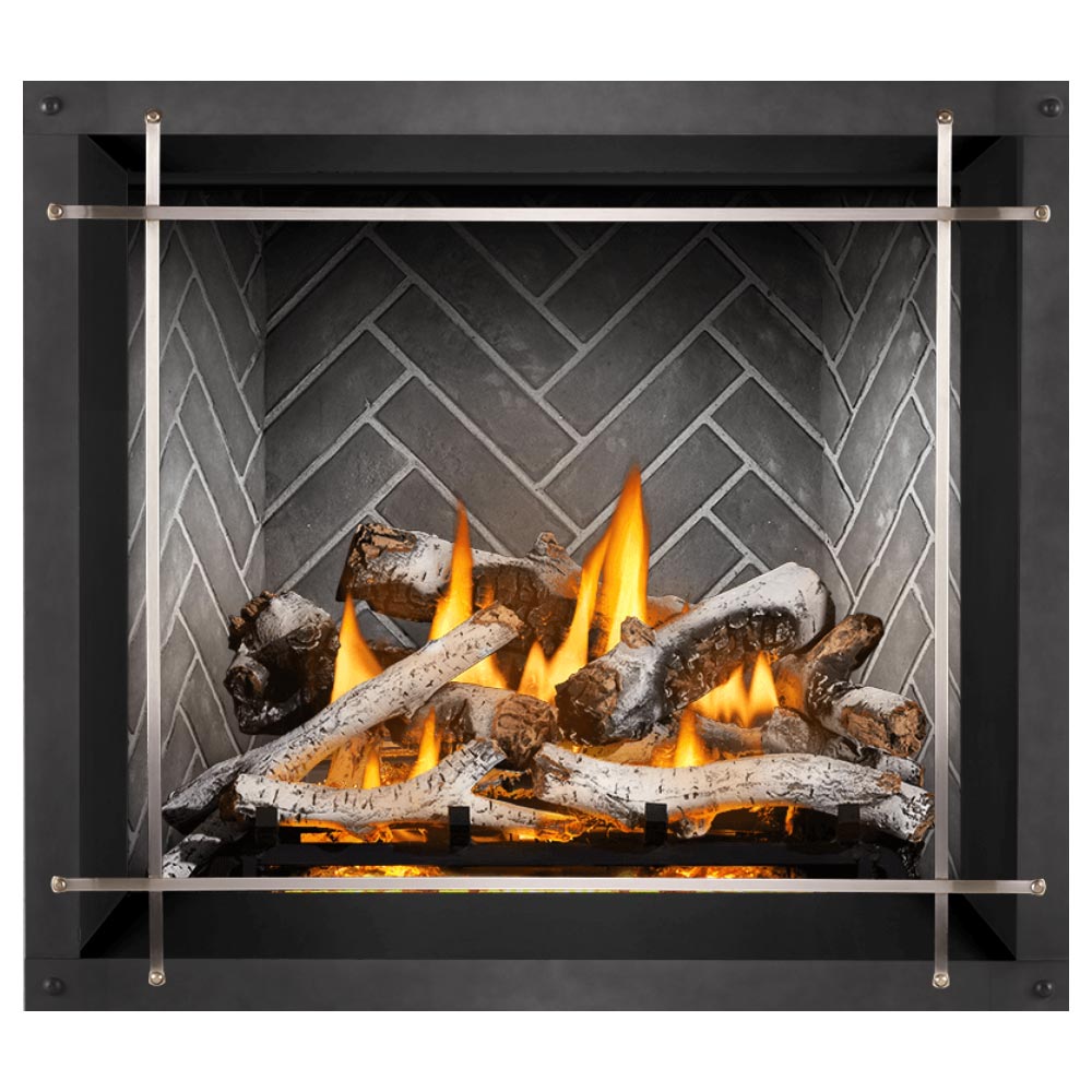 42-inch direct vent gas fireplace with burning logs visible through glass screen