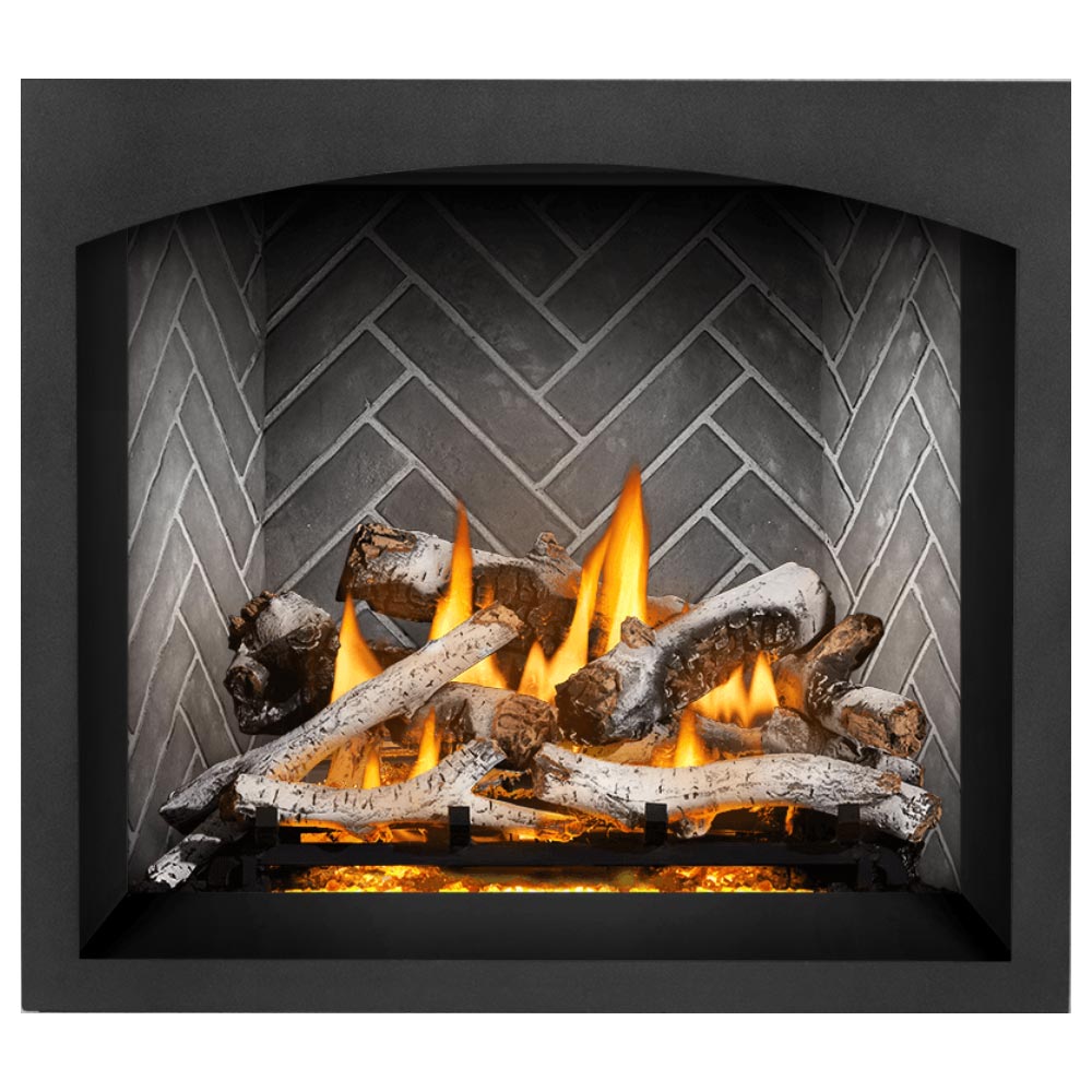 Gas fireplace with burning logs and flames, gray patterned firebox surround