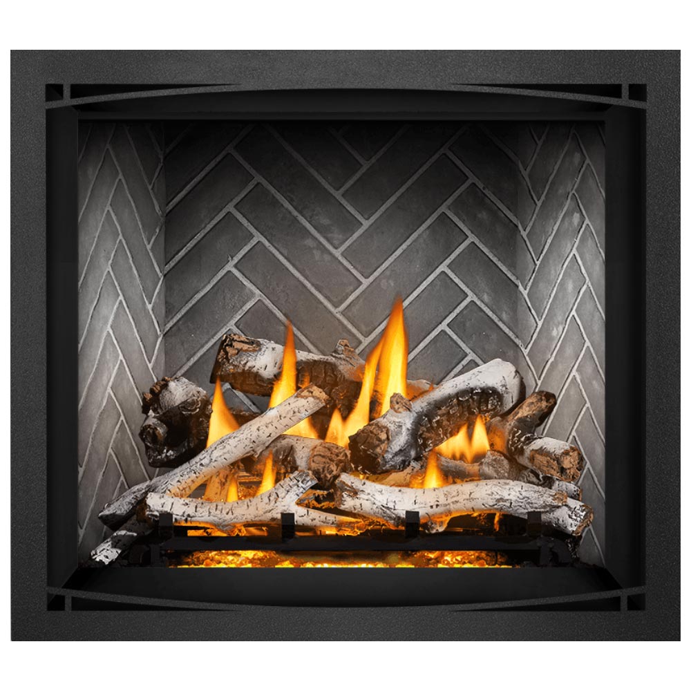 Black direct vent gas fireplace with burning log set, split white log pieces