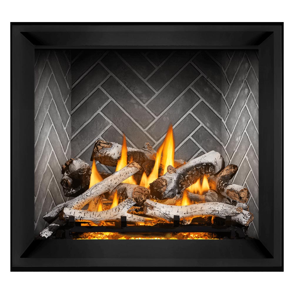 Direct vent gas fireplace with gray brick back, white logs, and orange flames
