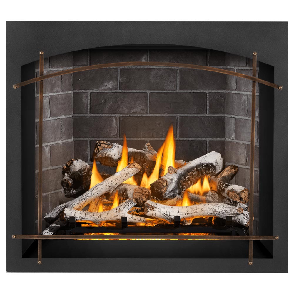 Direct vent gas fireplace with black surround, logs with flames behind glass