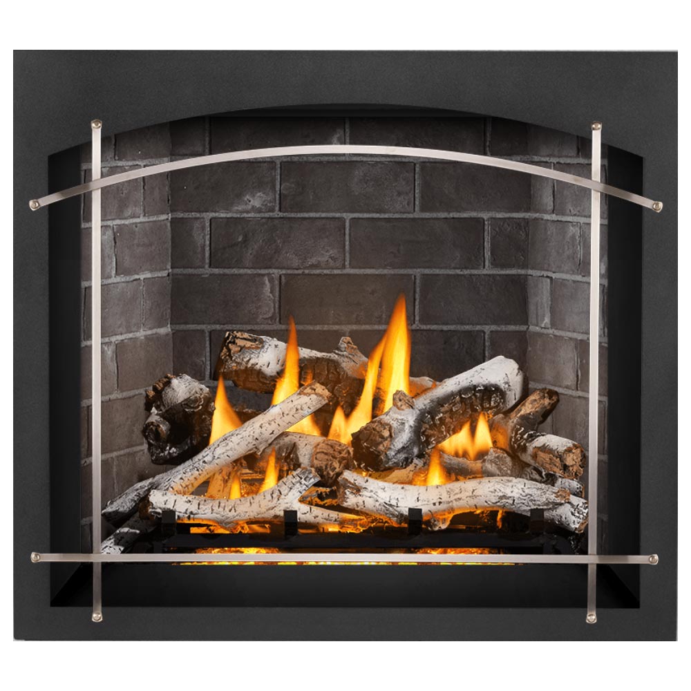 Direct vent gas fireplace with black surround, burning logs and glowing embers