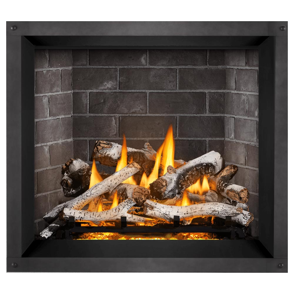 Direct vent gas fireplace, dark surround, burning logs with ember bed and orange flames